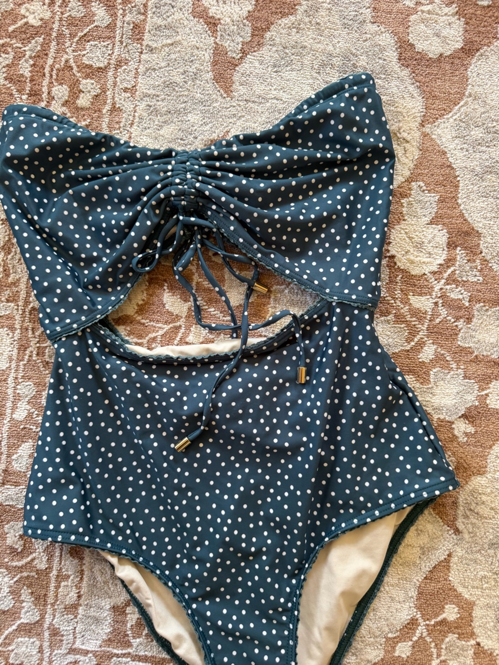 PEONY One-Piece Swimsuit Green Strapless Cutout Ruched Polka Dot sz 12 - Picture 8 of 10